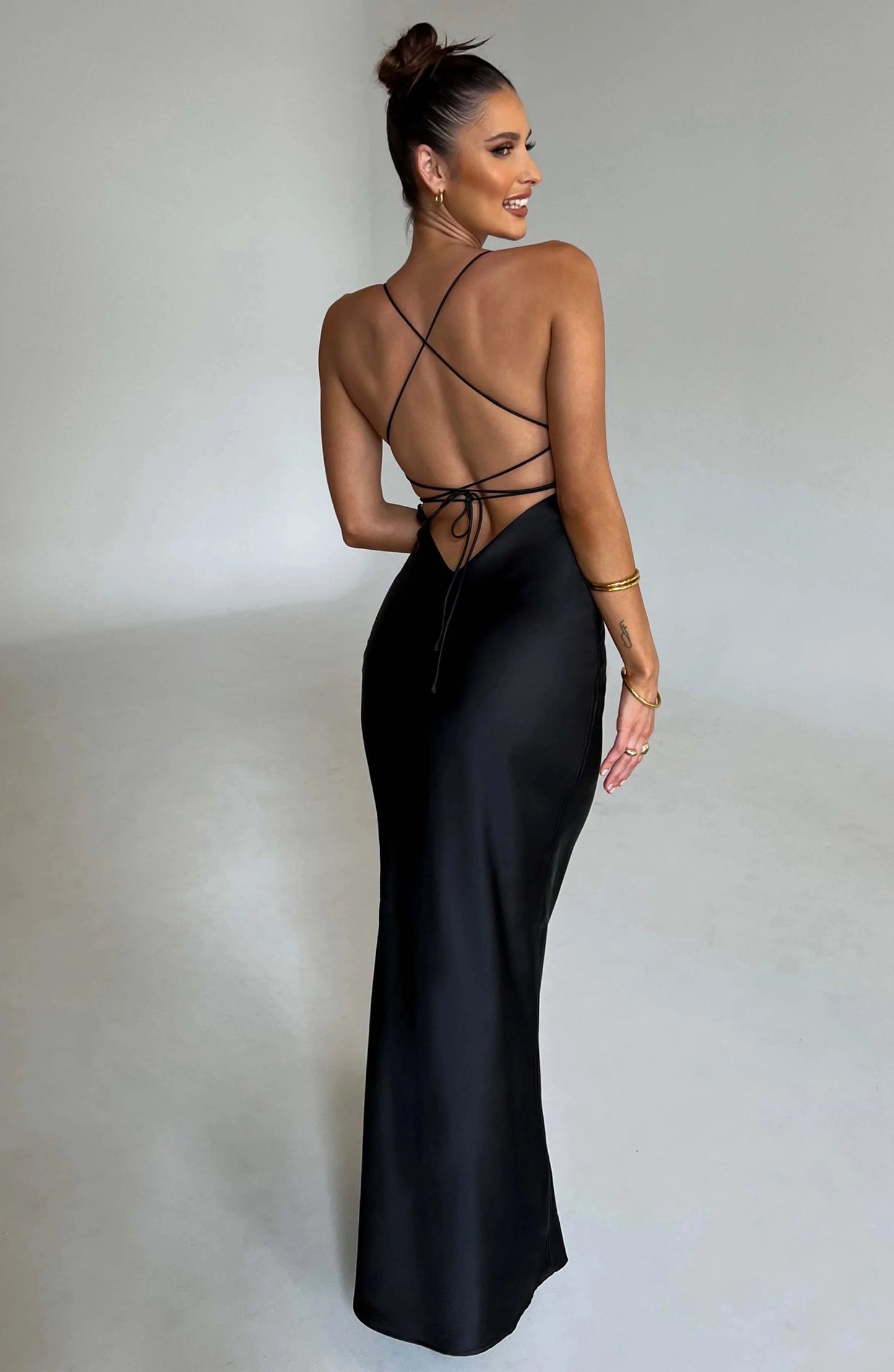 Awy BC Satin Backless Lace Up Mermaid Slip Maxi Dress