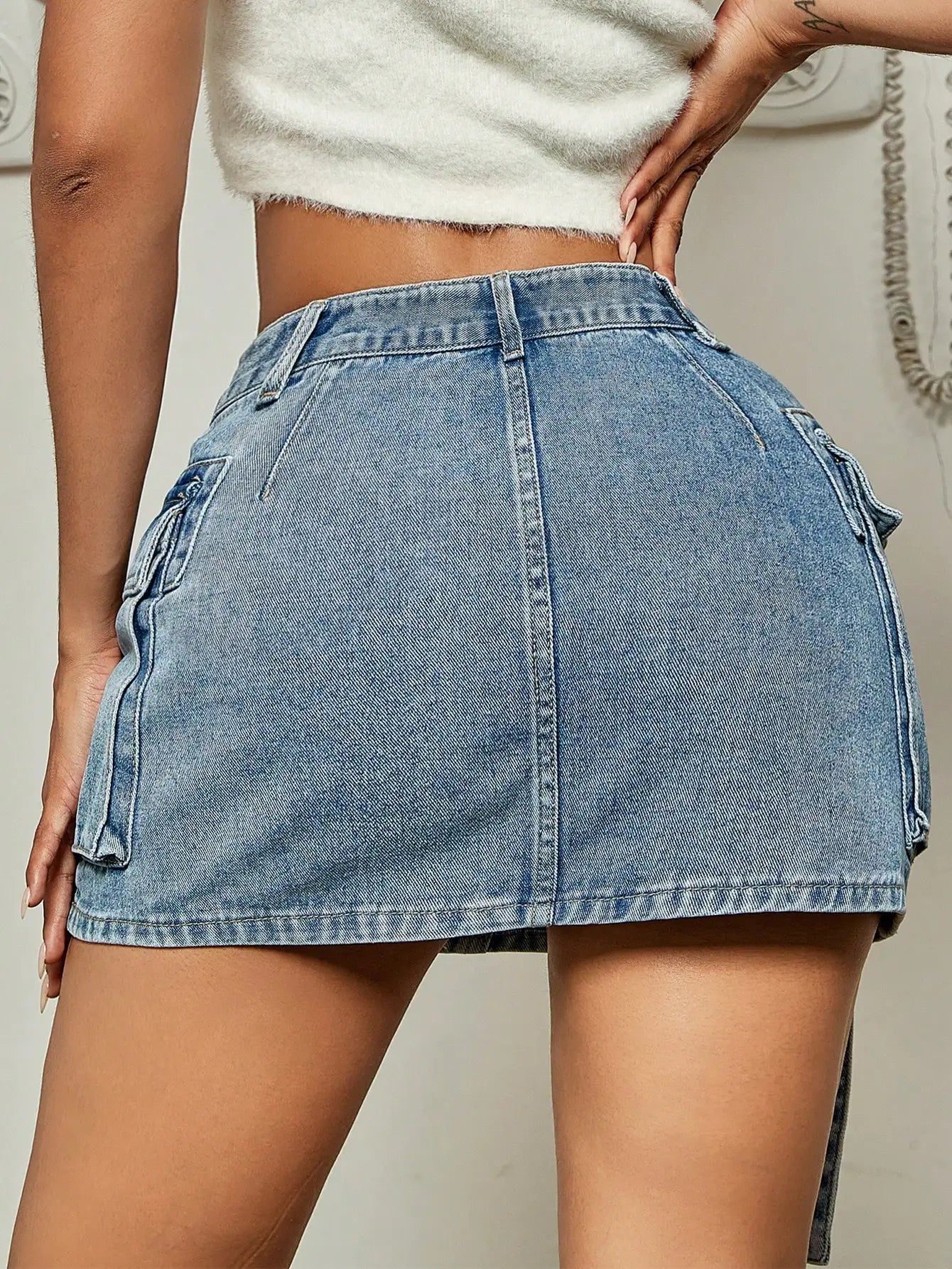 Ribbon Cargo Denim Mini Skirt Free Clothing