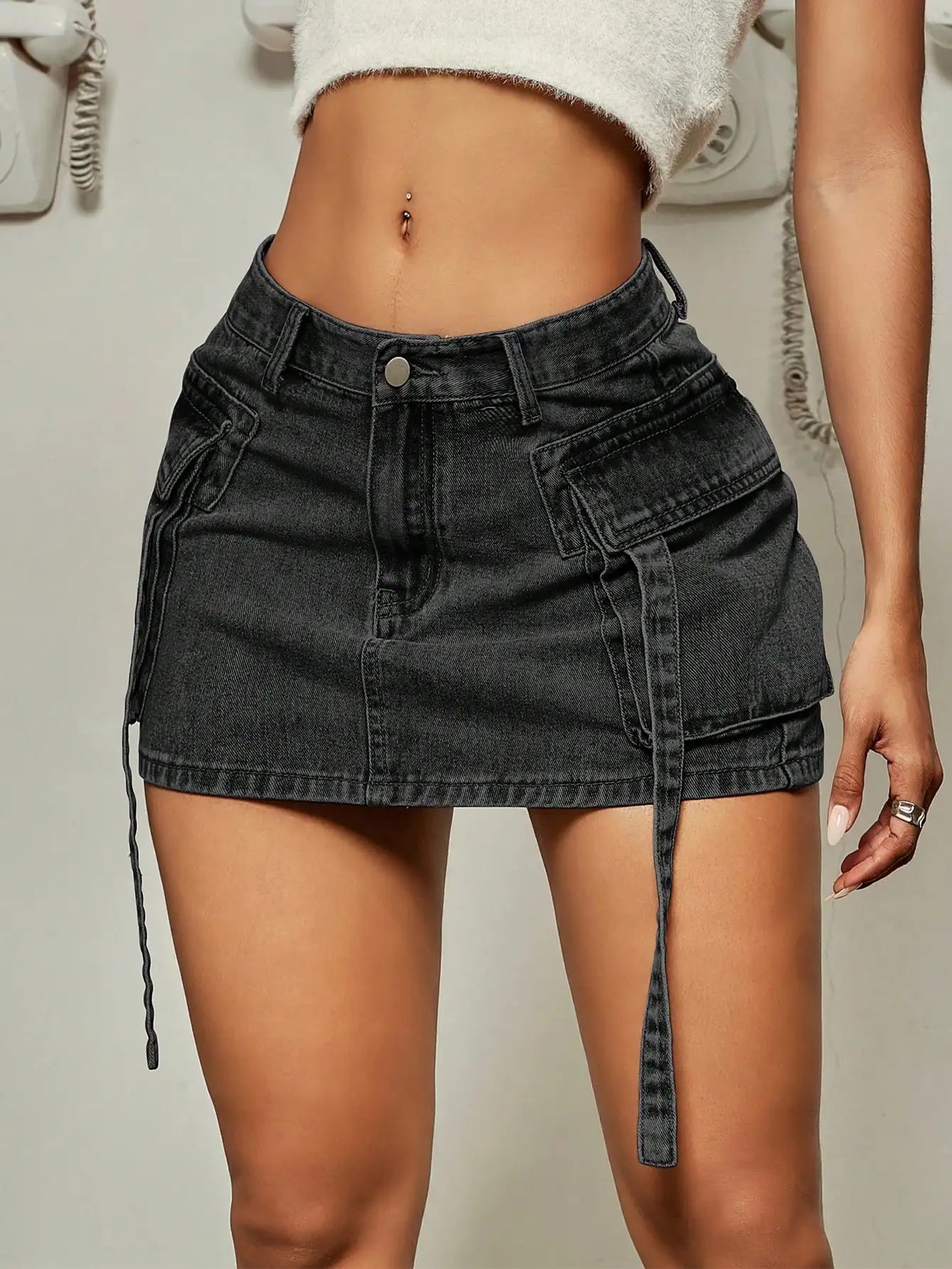 Ribbon Cargo Denim Mini Skirt Free Clothing