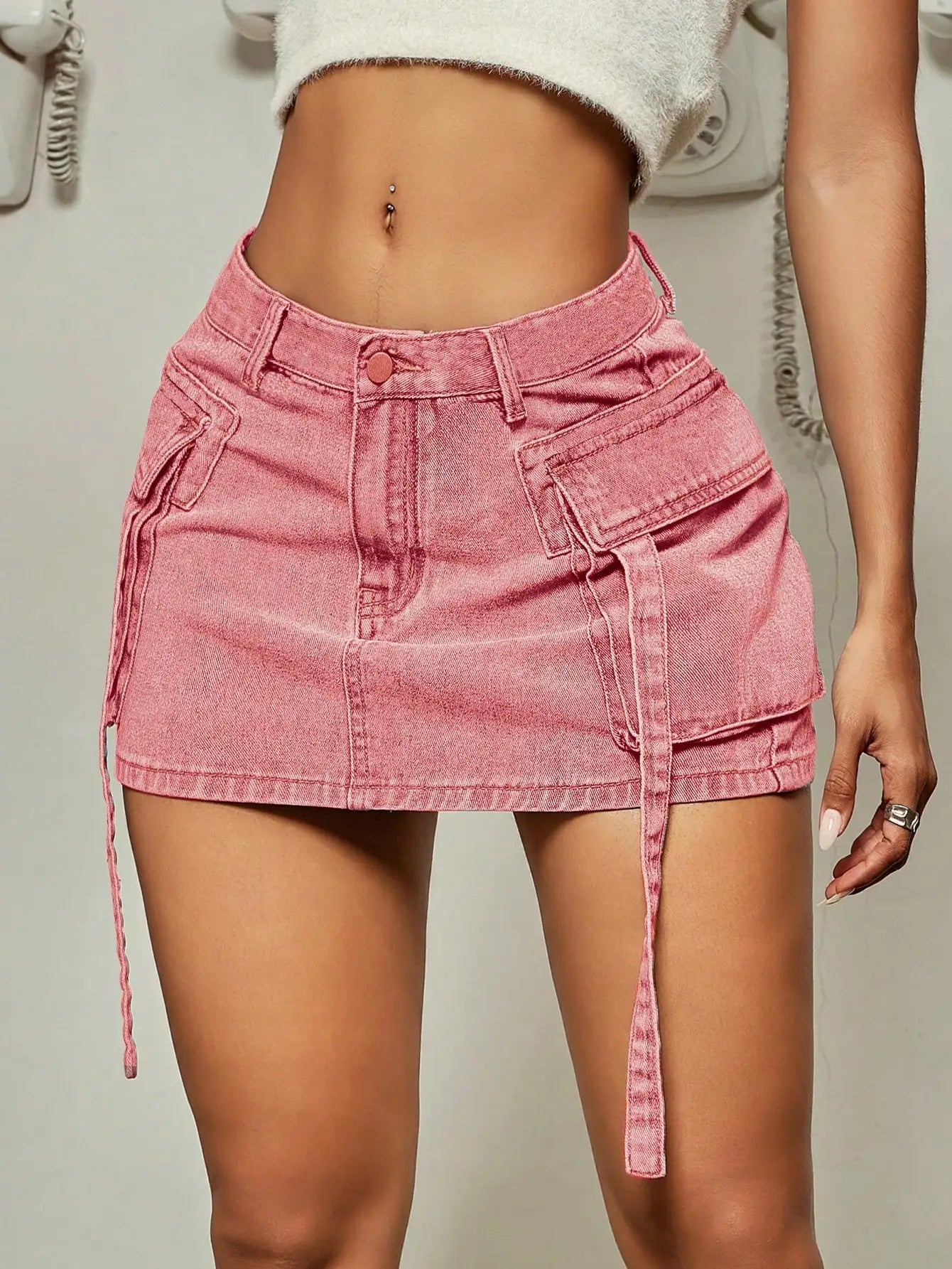 Ribbon Cargo Denim Mini Skirt Free Clothing