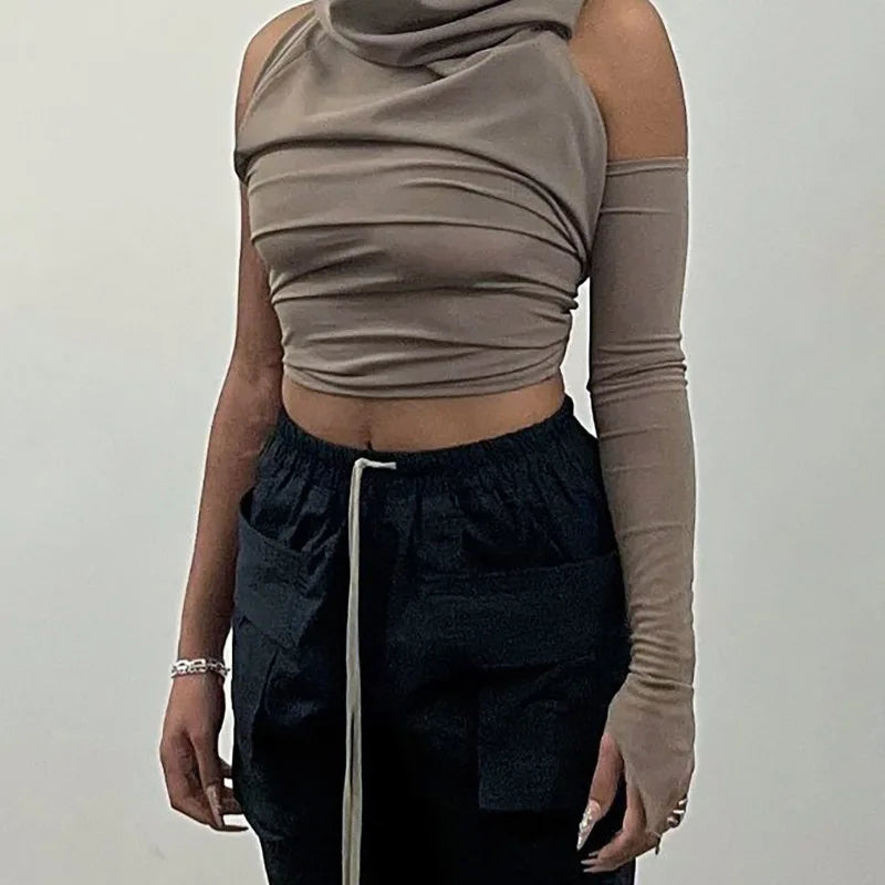 Robby Asymmetrical Trendy One-Sleeve Hooded Backless Fitted Top