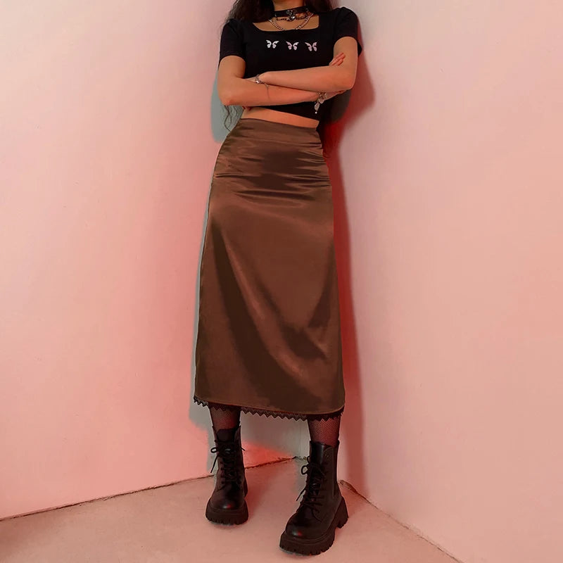Ava Straight Long High-waisted Satin Skirt