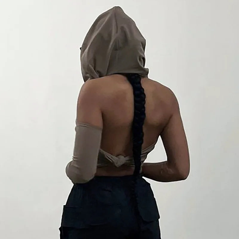 Robby Asymmetrical Trendy One-Sleeve Hooded Backless Fitted Top