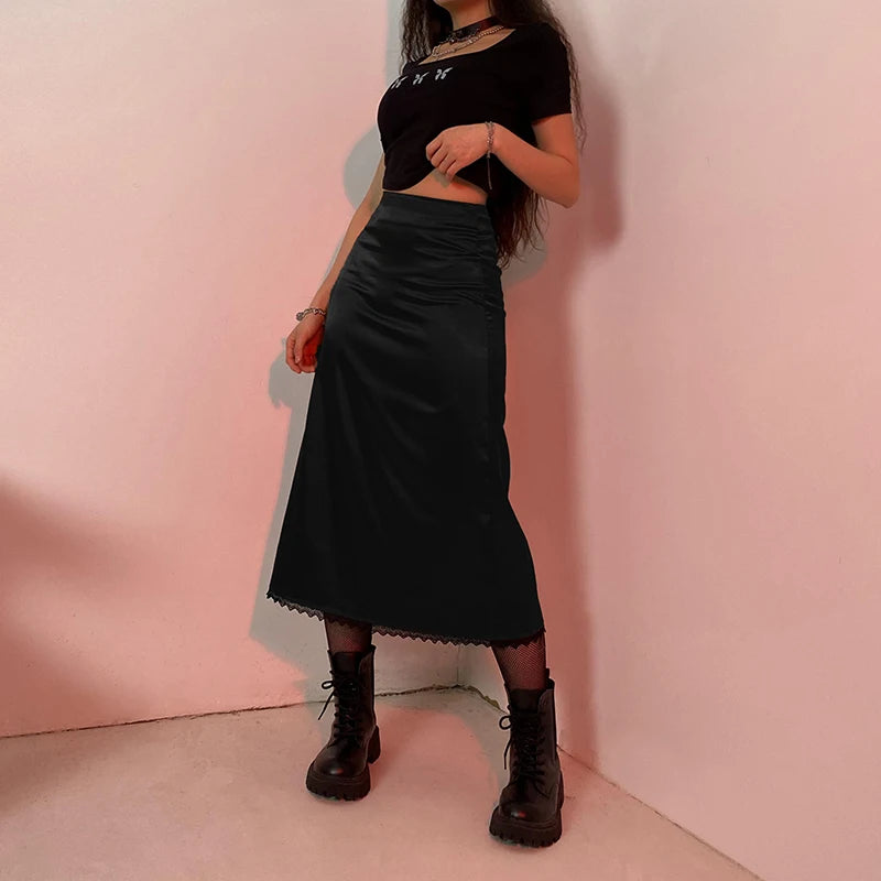 Ava Straight Long High-waisted Satin Skirt