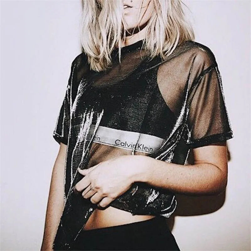 LII Mesh Tee See-Through Short Sleeve Perspective Shine Casual Vintage Tops