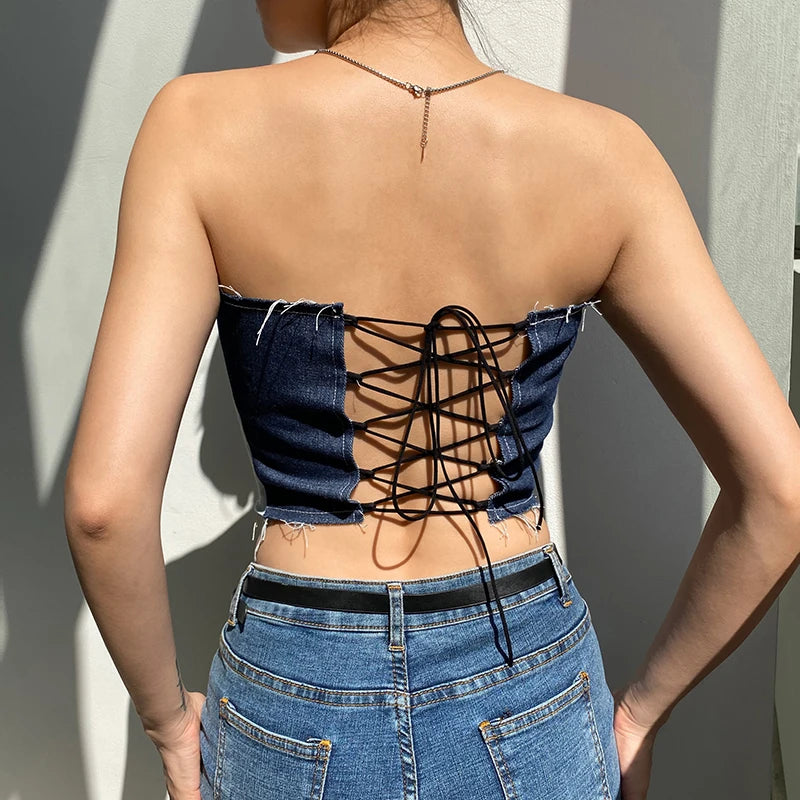 Backless Denim Crop Top