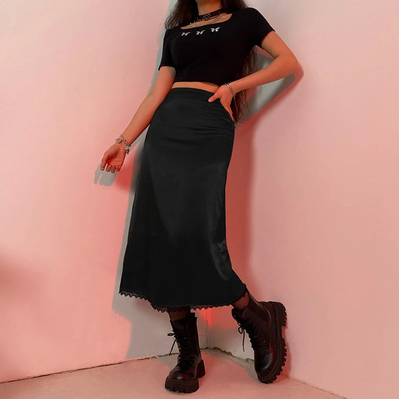 Ava Straight Long High-waisted Satin Skirt