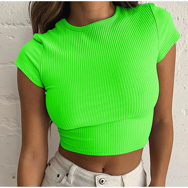 Everest Short Sleeve Crop Tops O-neck Ribbed T-Shirt