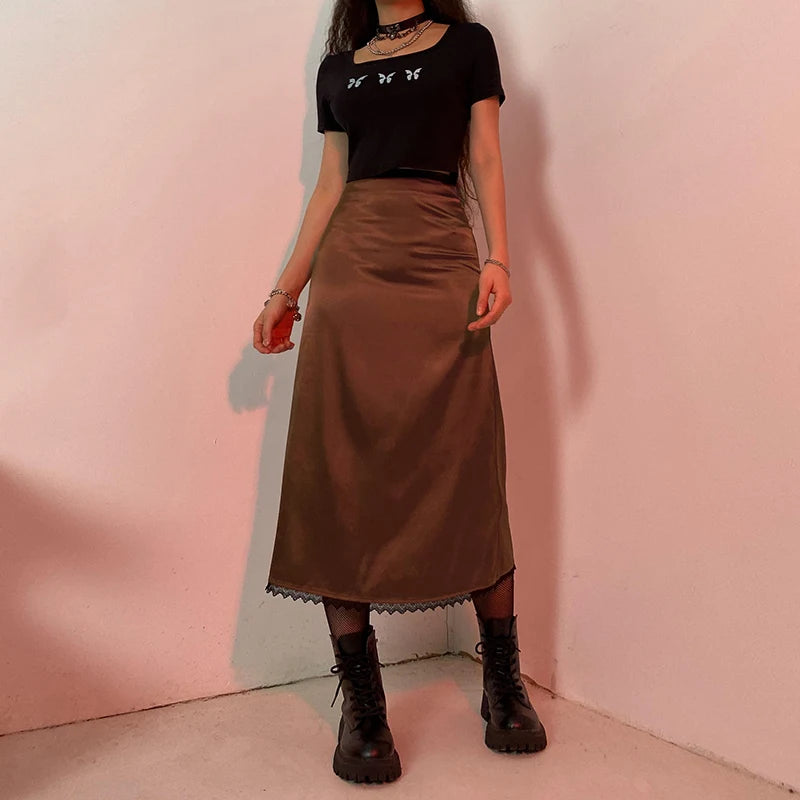 Ava Straight Long High-waisted Satin Skirt