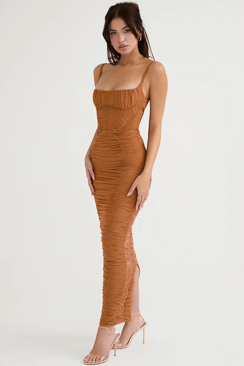 Mozi Corset Ruched Strap Sleeveless Backless Zipper Maxi Dress