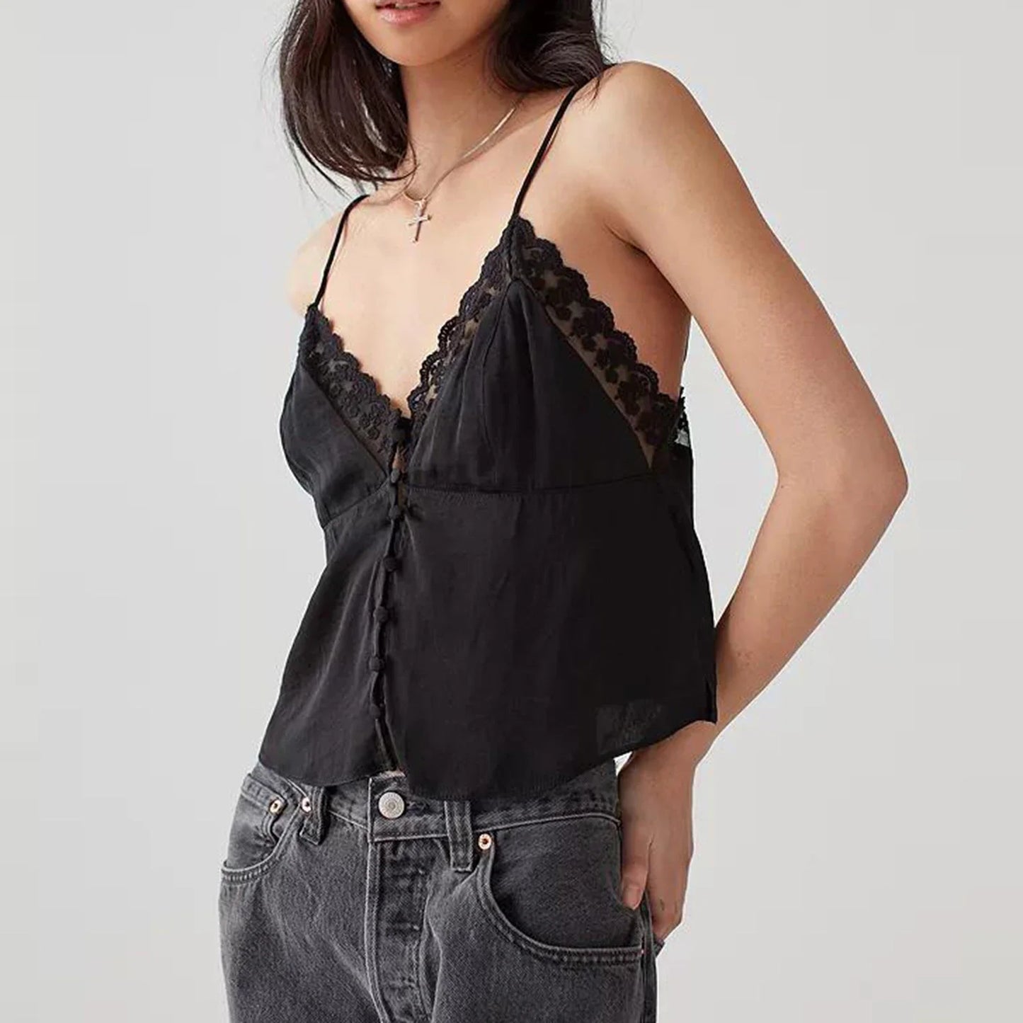 Comb Vintage V Neck Cami Sleeveless Spaghetti Strap Button Down Lace Trim Aesthetic Backless Tank Tops