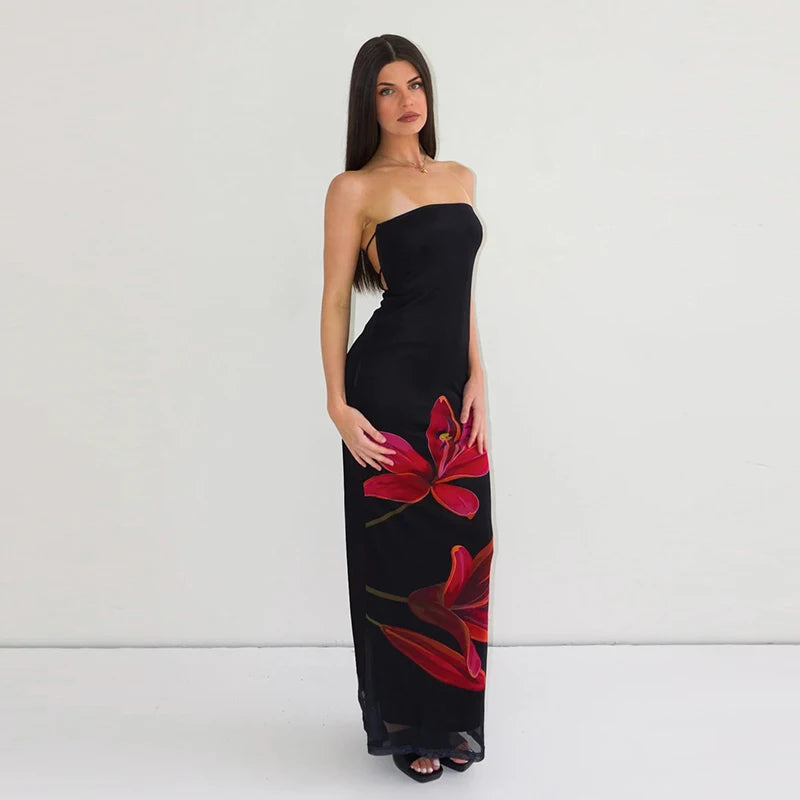 HC Mesh Flower Print Strapless Backless Lace Up Maxi Dress