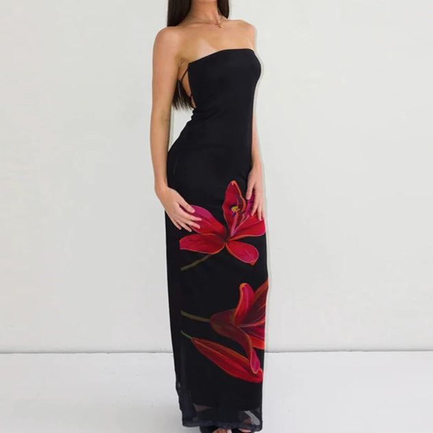 HC Mesh Flower Print Strapless Backless Lace Up Maxi Dress