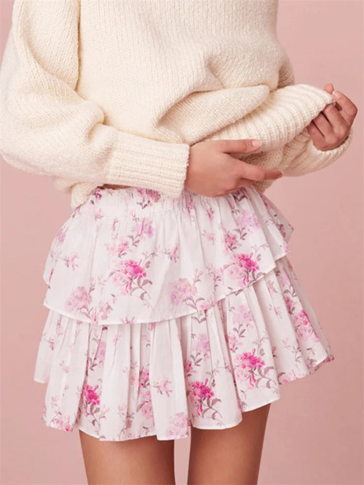 BC Tiered Ruffle Floral Print Elastic High Waist Floral Print Retro Skirts