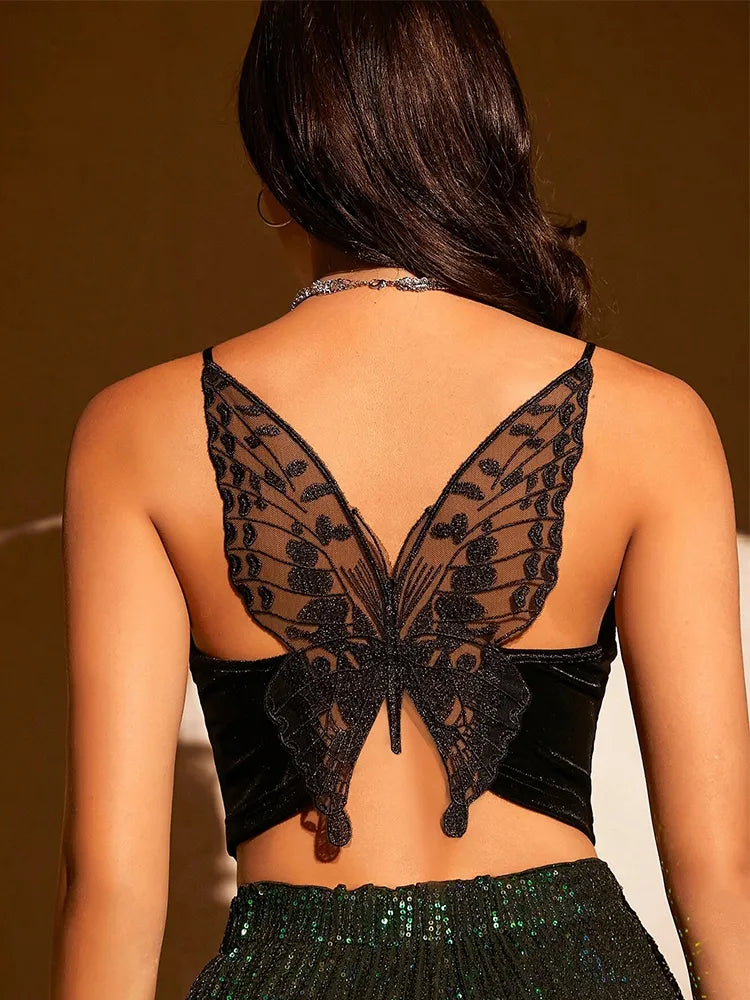 Betty Butterfly Mesh Velvet V-neck Sleeveless Crop Top
