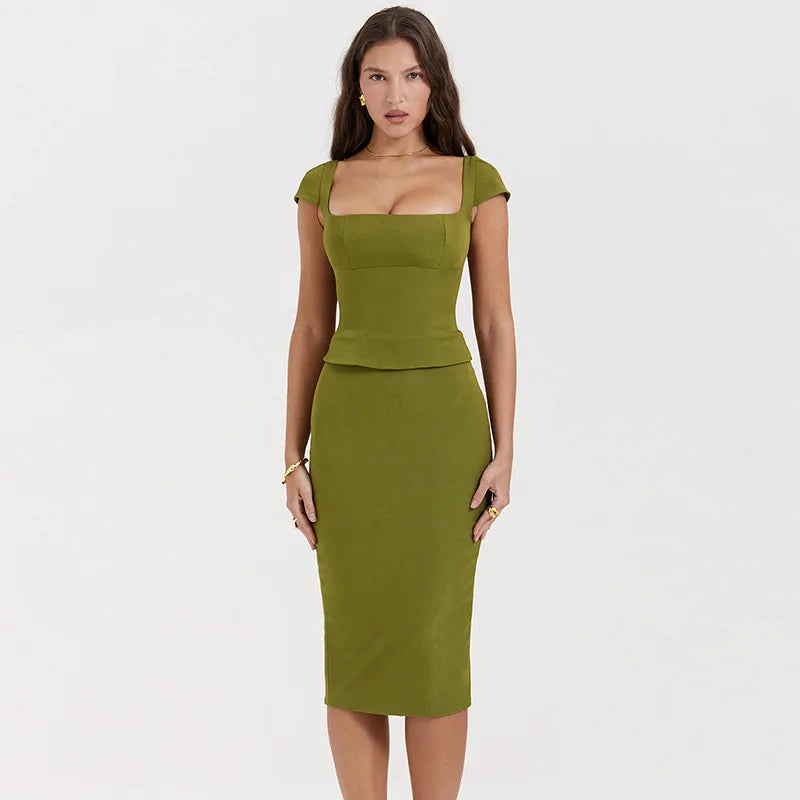 Set Square Collar Short Sleeve Tops And Midi Skirt