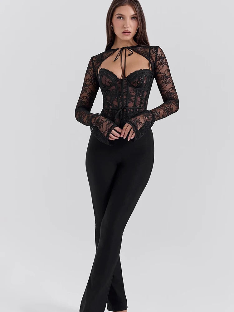 JULI MO See Through Lace Two Piece Sets Tops Long Sleeve