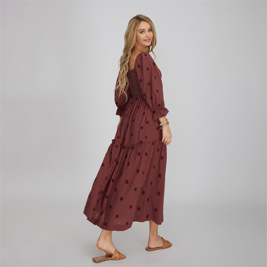 Tasha Retro Embroidered Flowers Flowy Long Puff Sleeve Square Neck Smocked A-Line Dress