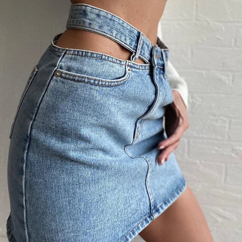 Nat Denim High Waist Side Hollowed Out Skirt