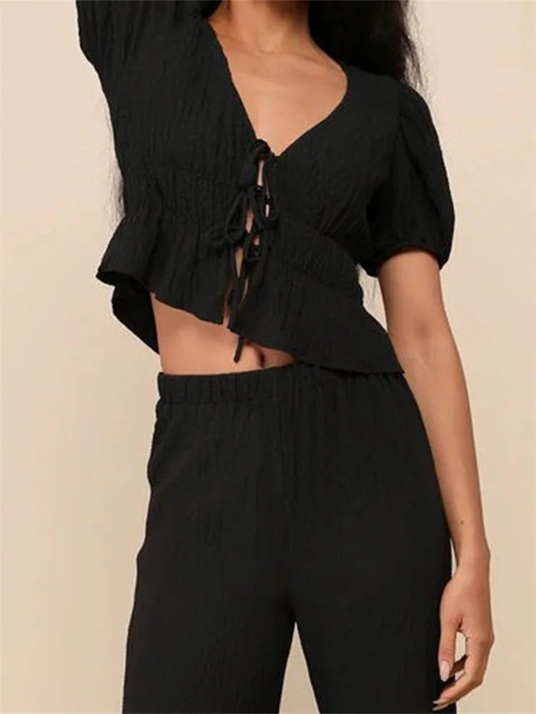 BC Ruffles Deep V Neck Short Puff Sleeve Front Split Lace-Up Top
