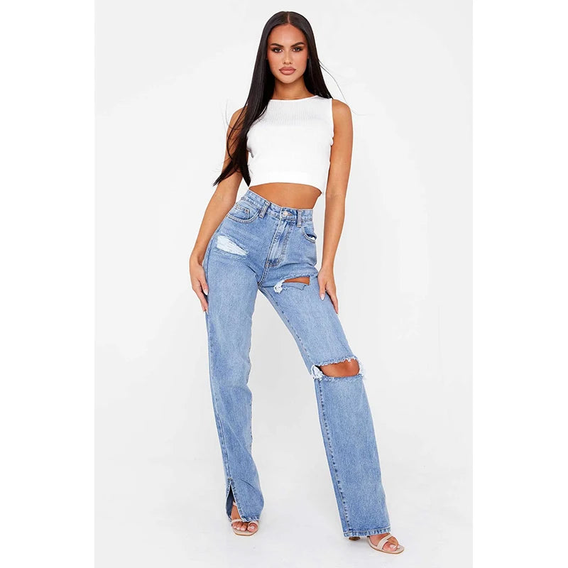 Y2K Hole Jeans Side Slit Straight High Waist Denim