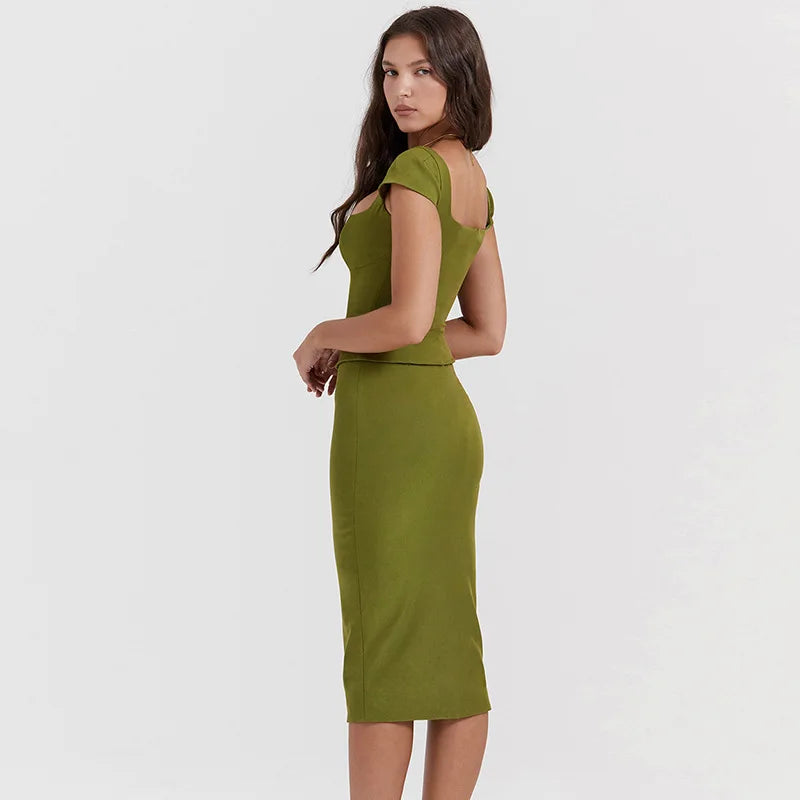 Set Square Collar Short Sleeve Tops And Midi Skirt