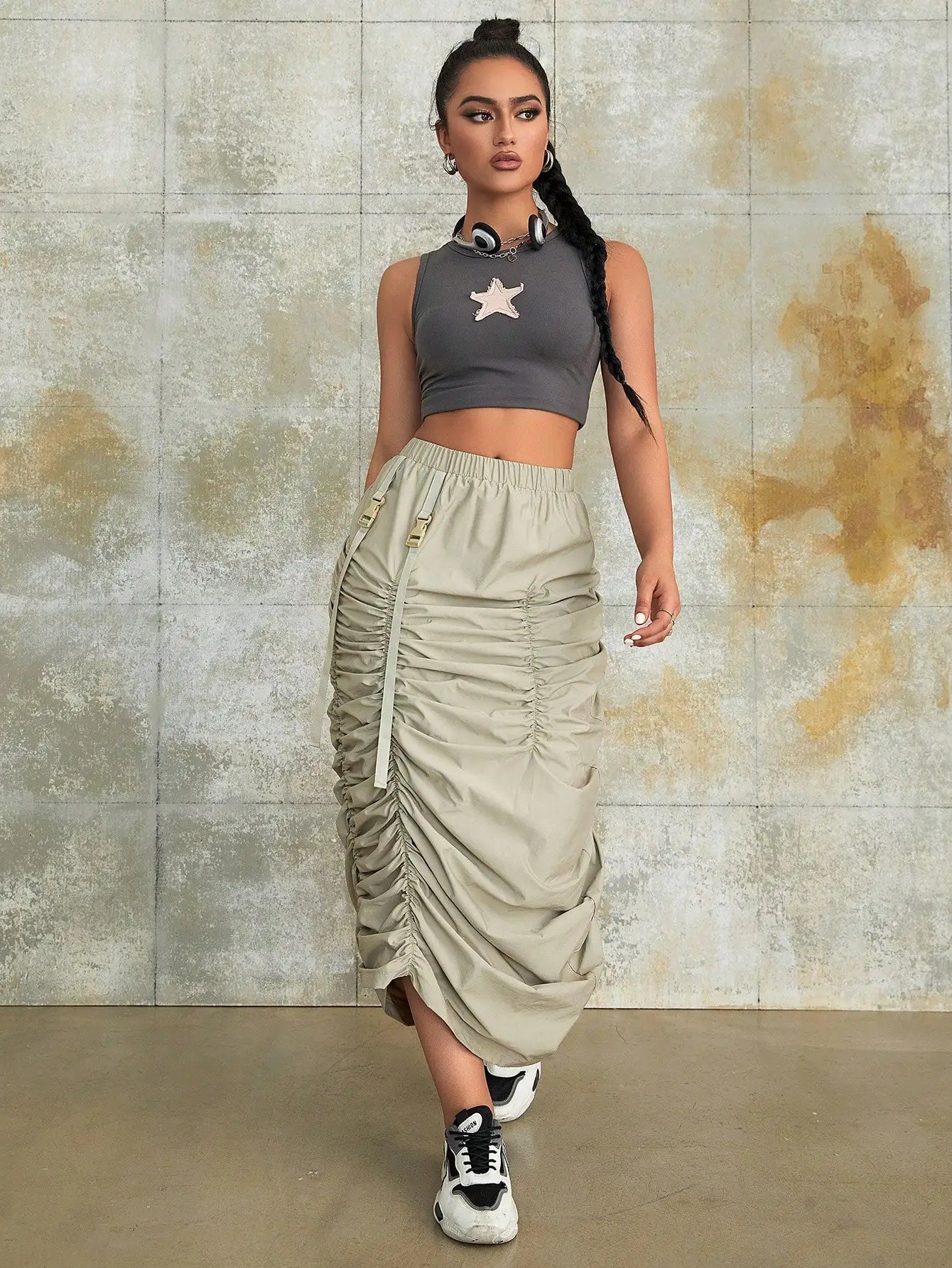 Jes Ruched Skirt Waist Buckle Detail Long Skirt