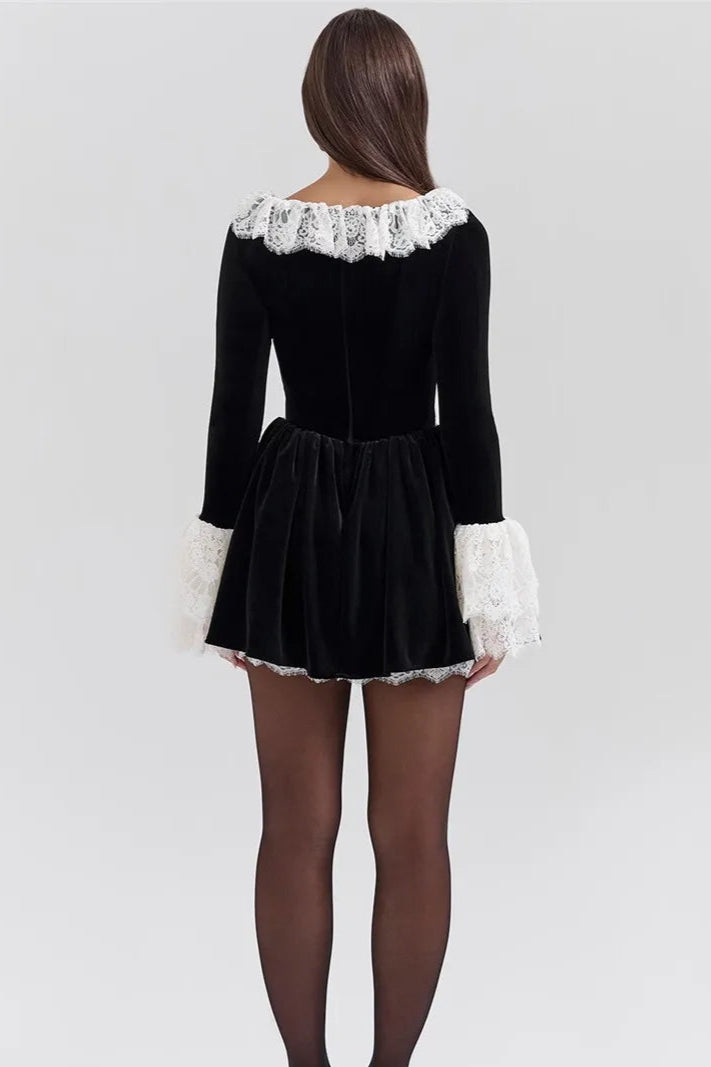 MUA Lace Flare Long Sleeve Square Collar High Waist Pleated Mini Dress Elegant