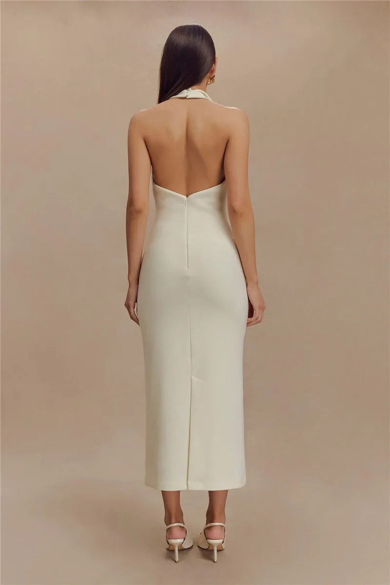 MUA Halter Deep V Neck Sleeveless Elegant Backless Tank Maxi Dress