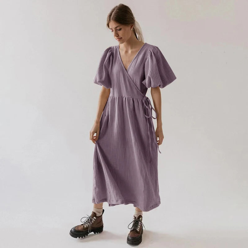 Vintage 100% Cotton Puff Sleeve V-Neck Bandage Lace Maxi Dress