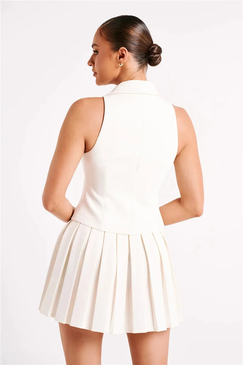 Pleated Skirt And V Neck Blouse Set