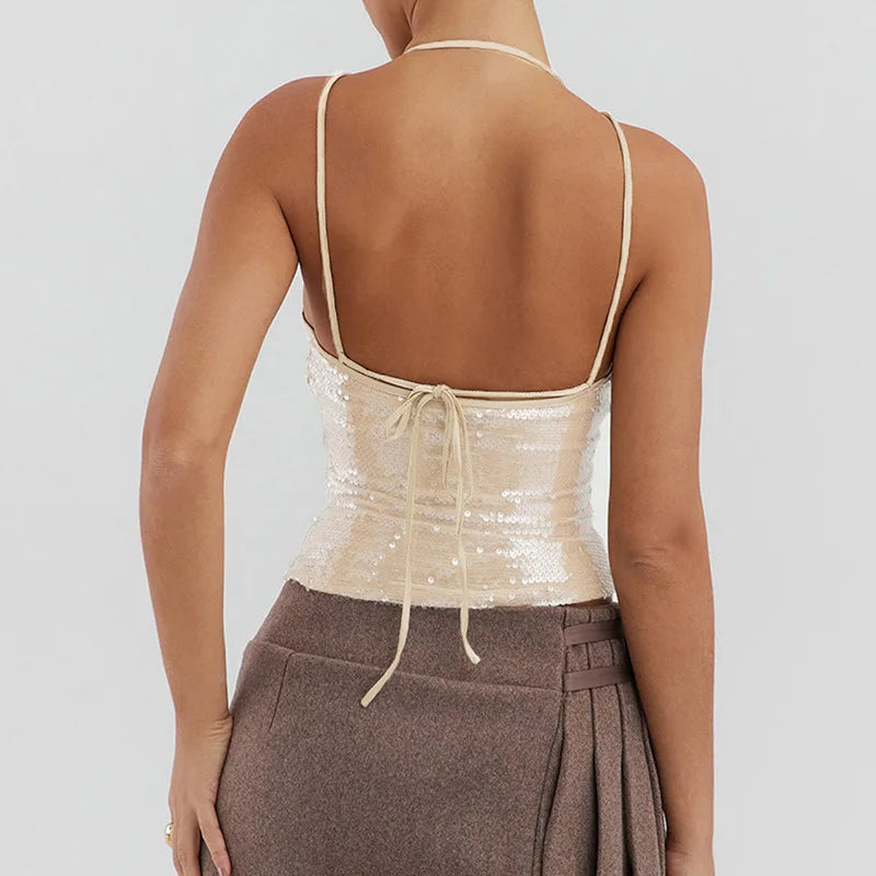Vivi Sparkle Sequin Backless Halter Tank Top