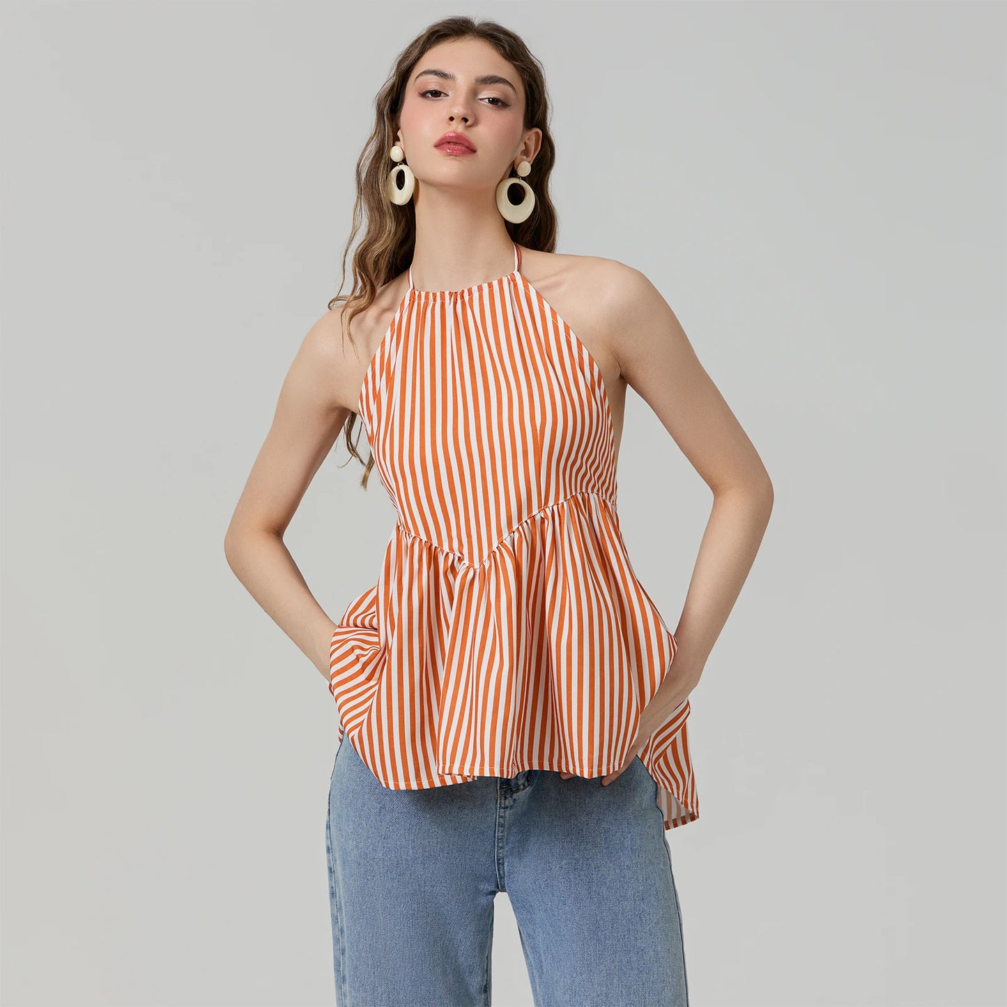 BC Halter Neck Striped Peplum Vest Tops