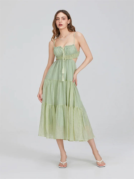 Patty Boho Flowy Spaghetti Strap Cut Out Backless Ruffle A-line Dress