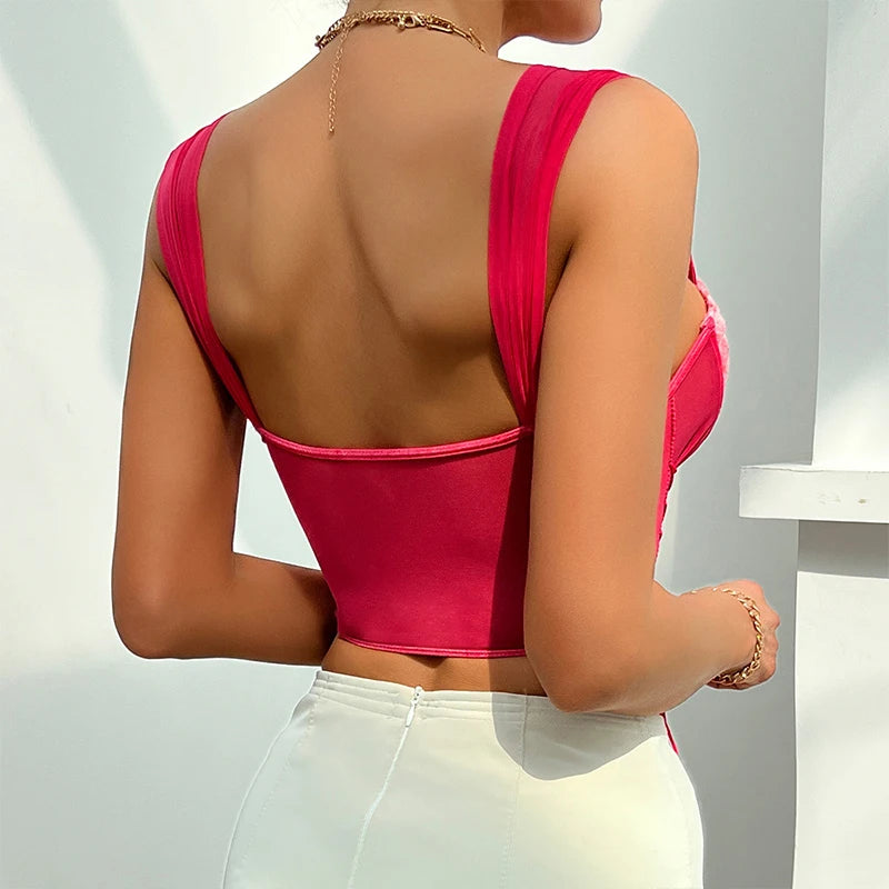 Sweety Crop Top Rose Floral Mesh Backless Sleeveless V-neck Corset