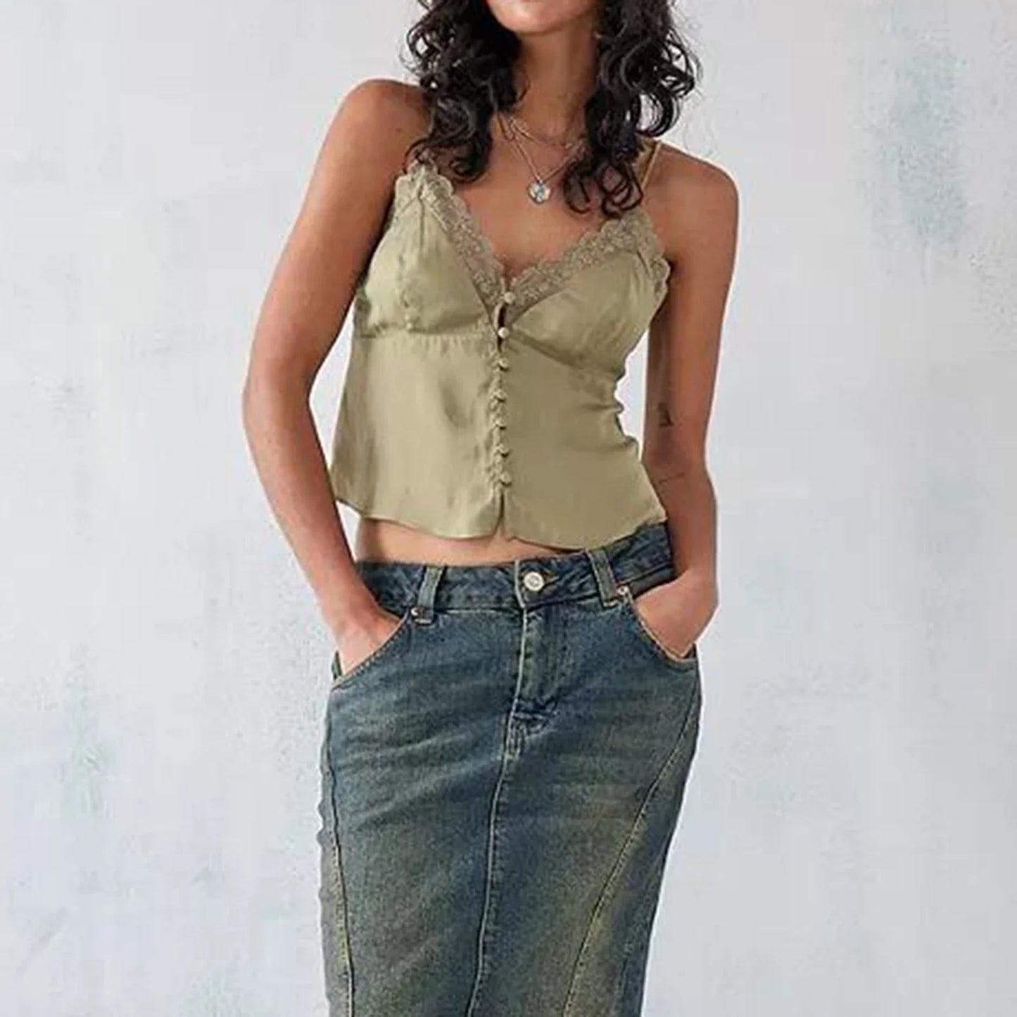 Comb Vintage V Neck Cami Sleeveless Spaghetti Strap Button Down Lace Trim Aesthetic Backless Tank Tops