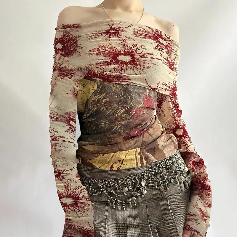 CI Vintage Mesh See Through y2k Aesthetic Floral Print Slash Neck Long Sleeve
