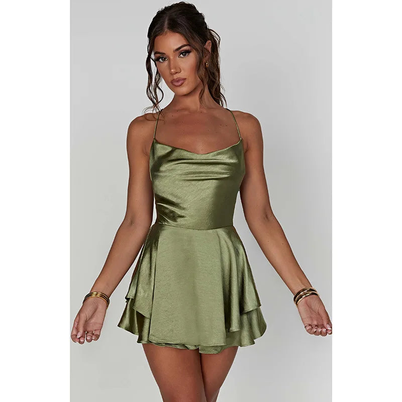 Kylie Lace Up Halter Mini Satin Dress