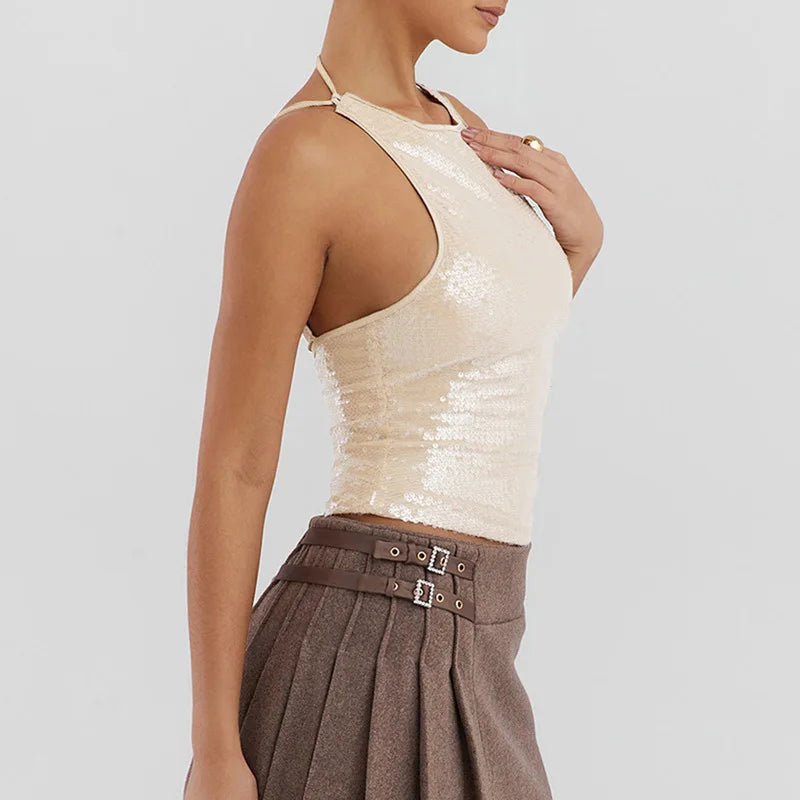 Vivi Sparkle Sequin Backless Halter Tank Top