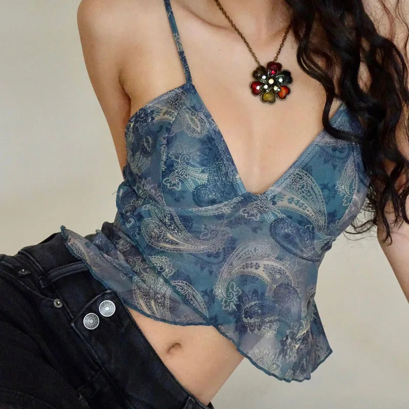 Cam Mesh See-Through Printed V-neck Sleeveless