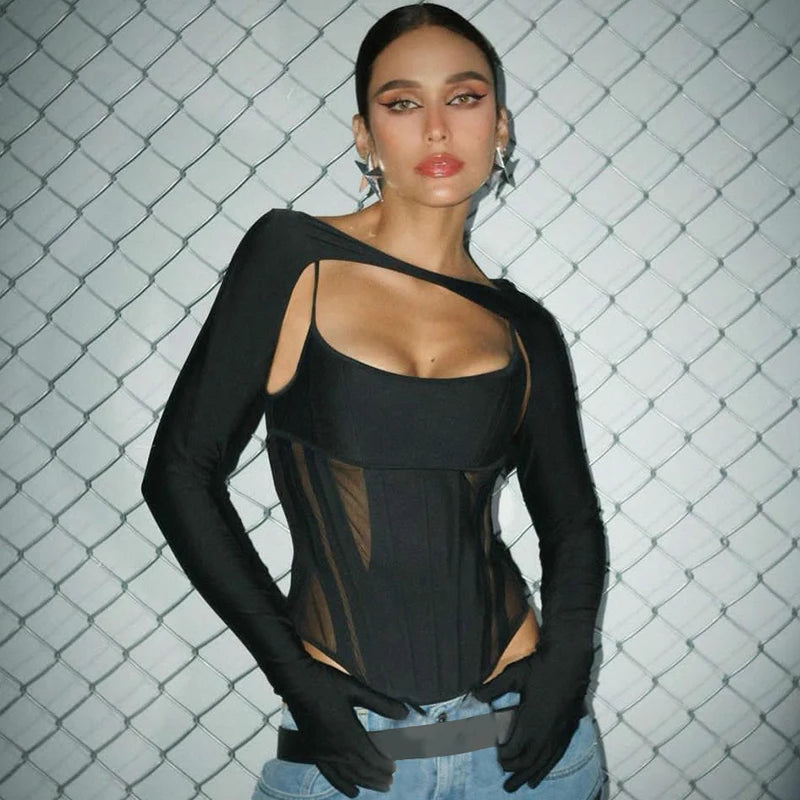 2 Piece Sets Black Long Sleeve Gloves Bodysuit