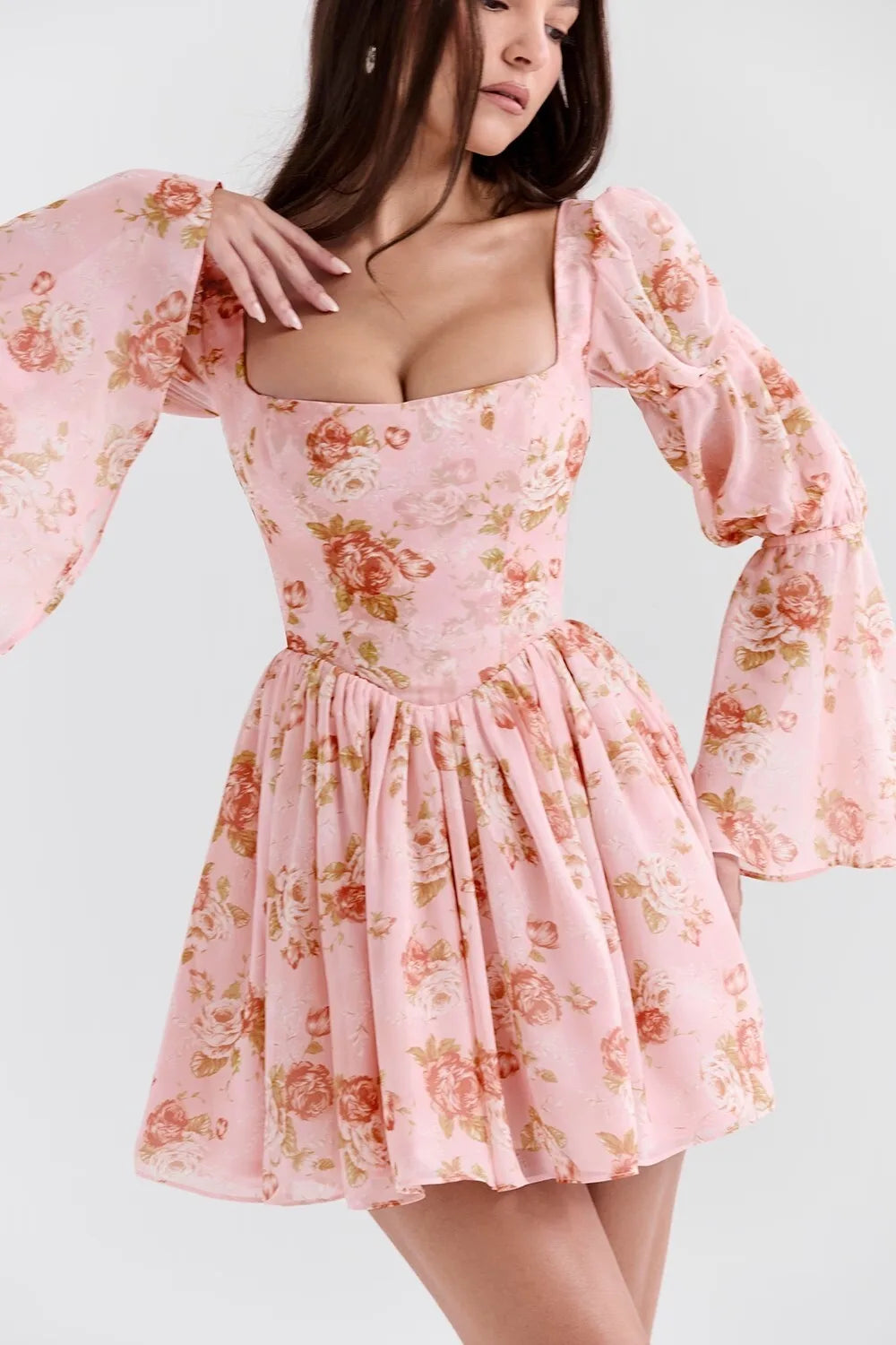 Articat Long Sleeve BC Printed Square Neck Mid Dress