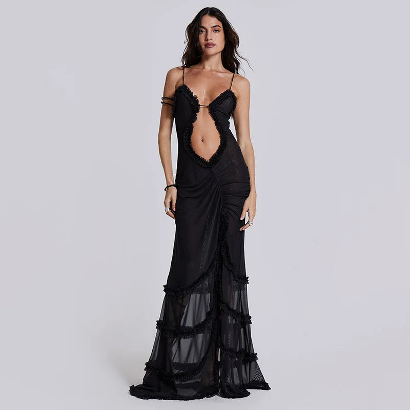 Jade Frilly Halter Backless Split LongY2k Aesthetic Print Maxi Dress