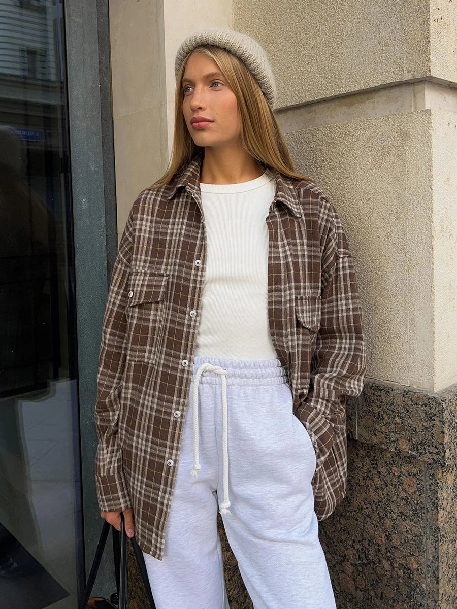BCG Y2K Vintage Loose Plaid Lapel Long Sleeve