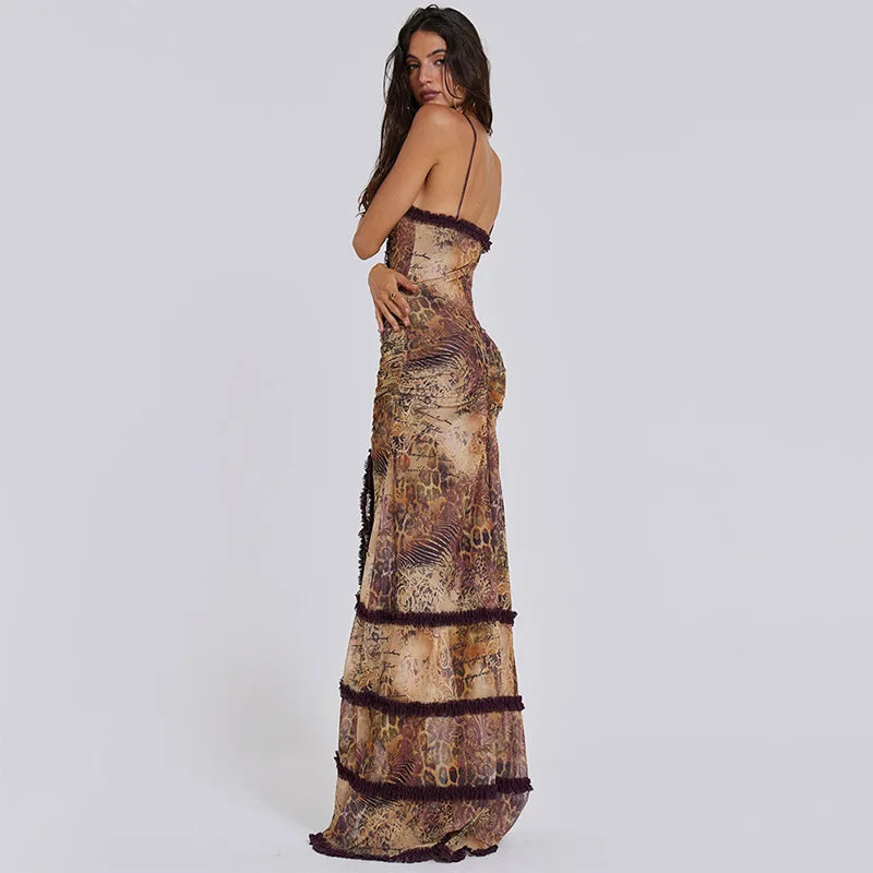 Jade Frilly Halter Backless Split LongY2k Aesthetic Print Maxi Dress