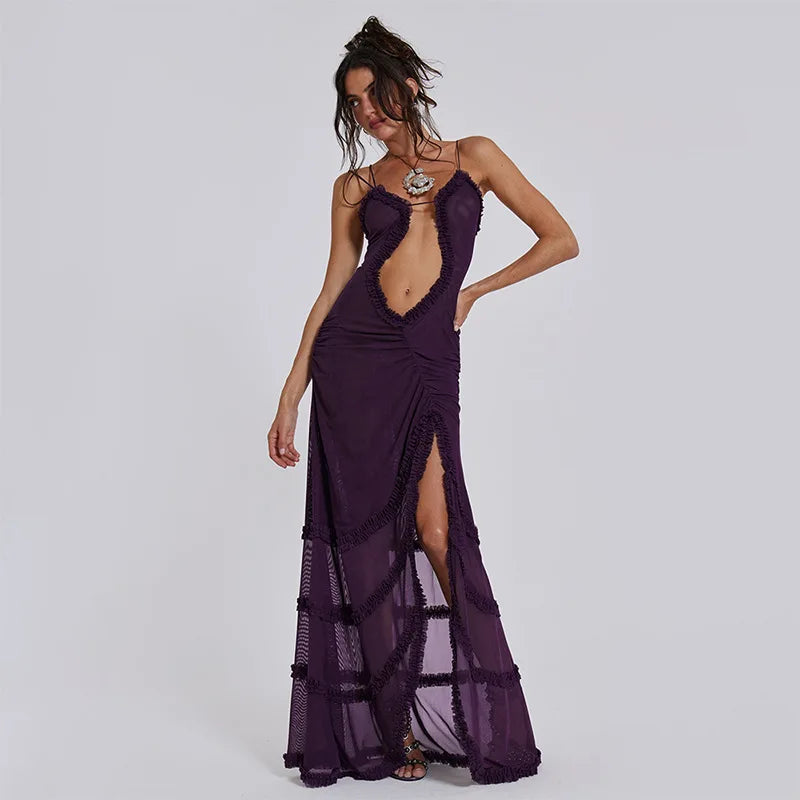 Jade Frilly Halter Backless Split LongY2k Aesthetic Print Maxi Dress
