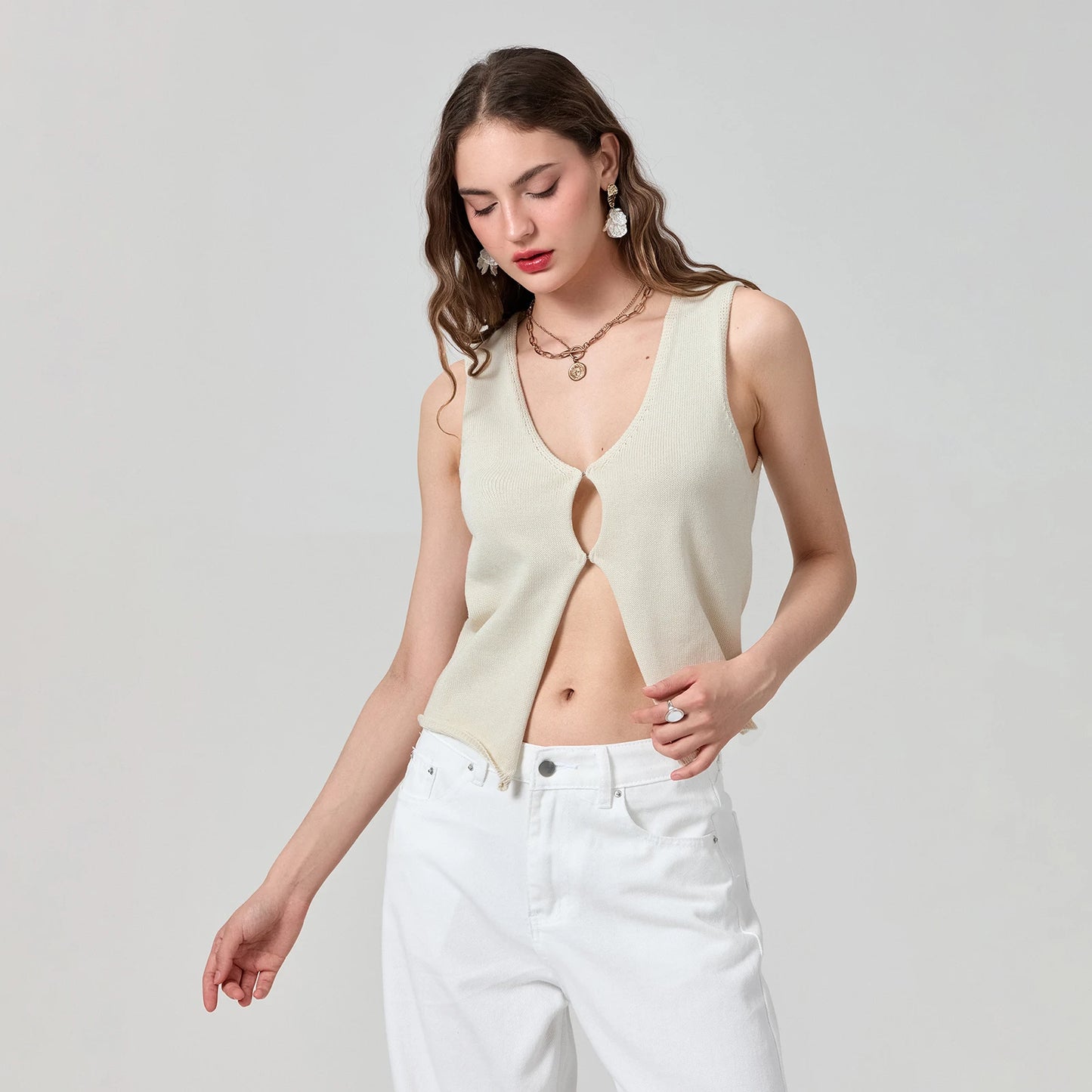 BC Knit Retro Sleeveless V-Neck Button-up Tank Tops S