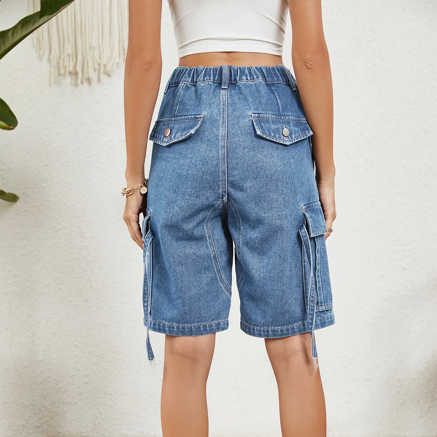 Sarah Denim Shorts High Waist Multi-Pocket