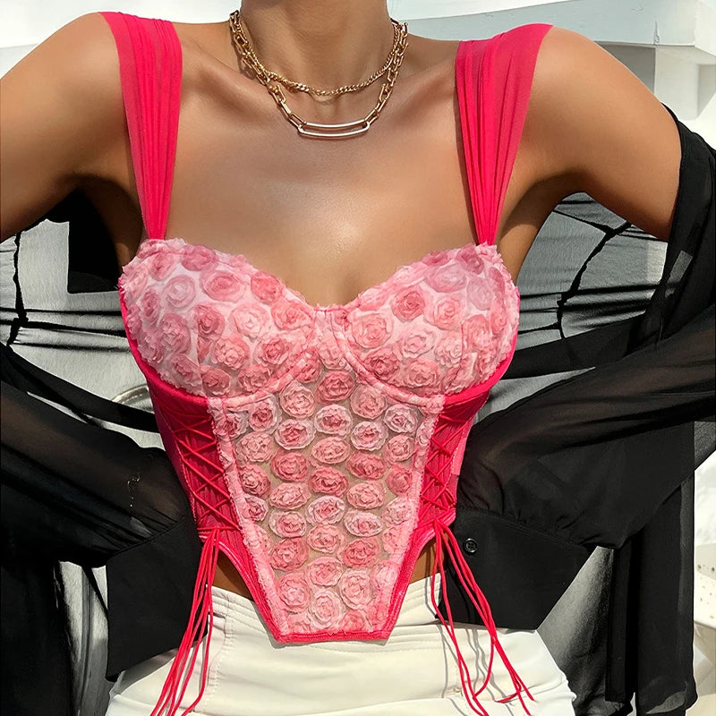 Sweety Crop Top Rose Floral Mesh Backless Sleeveless V-neck Corset