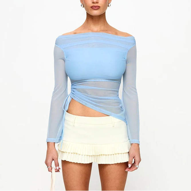 BG Long-Sleeve One-Shoulder Mesh Top See-Through Shrunk Pleated